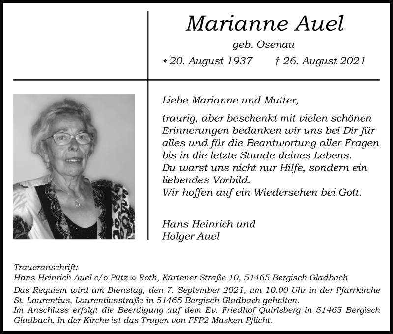  Traueranzeige für Marianne Auel vom 01.09.2021 aus Kölner Stadt-Anzeiger / Kölnische Rundschau / Express