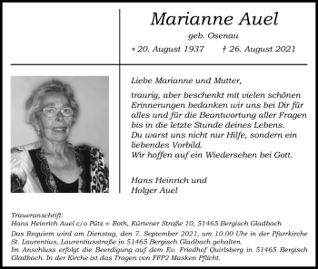 Anzeige von Marianne Auel von Kölner Stadt-Anzeiger / Kölnische Rundschau / Express