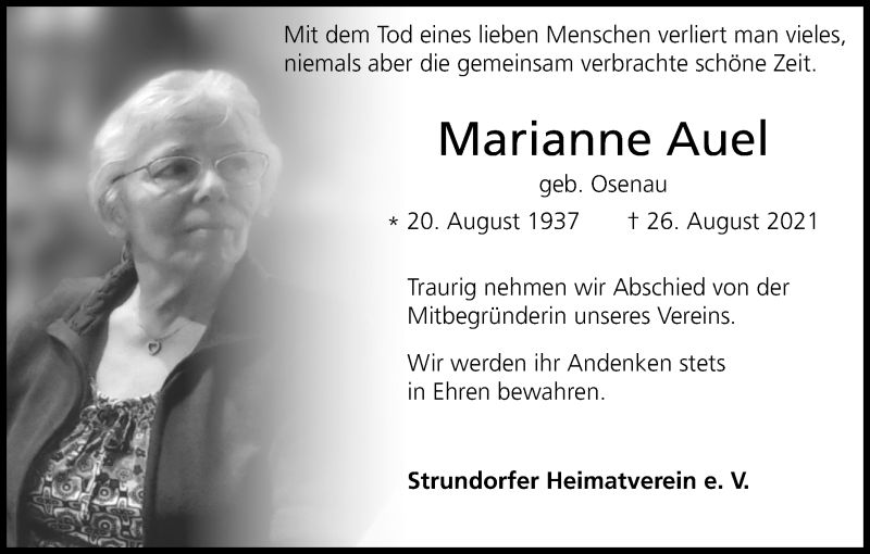  Traueranzeige für Marianne Auel vom 01.09.2021 aus Kölner Stadt-Anzeiger / Kölnische Rundschau / Express
