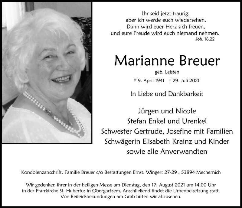  Traueranzeige für Marianne Breuer vom 07.08.2021 aus  Blickpunkt Euskirchen 