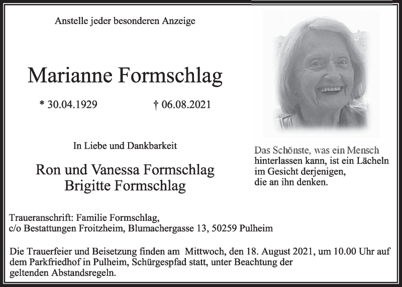  Traueranzeige für Marianne Formschlag vom 13.08.2021 aus  Wochenende 