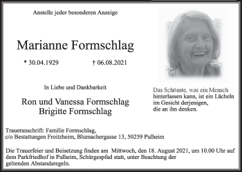 Anzeige von Marianne Formschlag von  Wochenende 