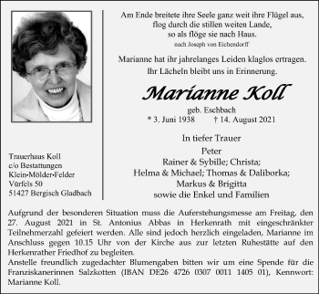 Anzeige von Marianne Koll von Kölner Stadt-Anzeiger / Kölnische Rundschau / Express