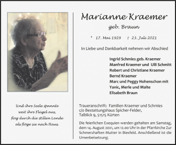 Anzeige von Marianne Kraemer von  Bergisches Handelsblatt 