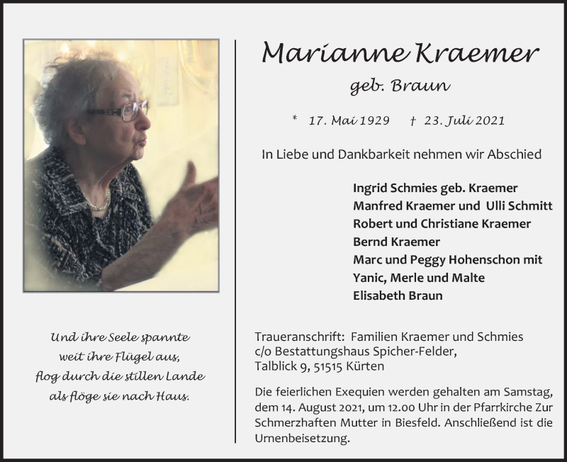  Traueranzeige für Marianne Kraemer vom 07.08.2021 aus Kölner Stadt-Anzeiger / Kölnische Rundschau / Express