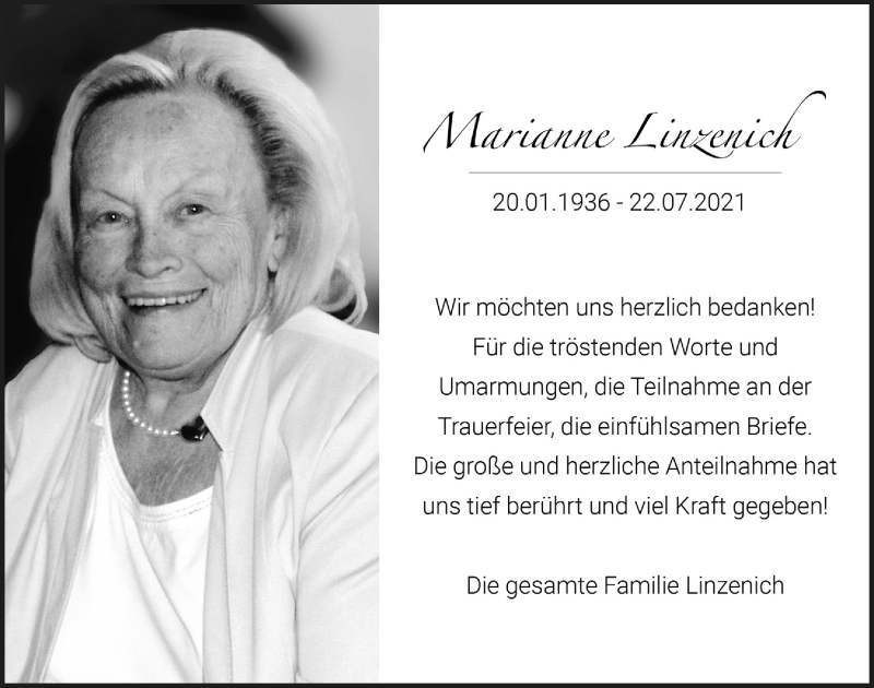  Traueranzeige für Marianne Linzenich vom 13.08.2021 aus  Bergisches Handelsblatt 