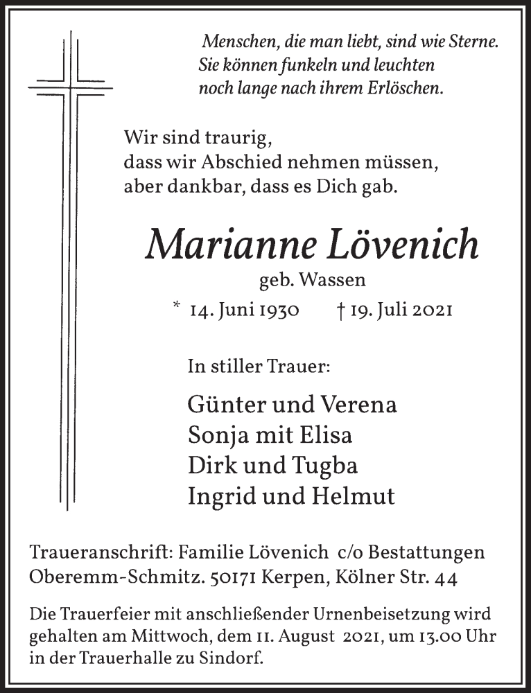  Traueranzeige für Marianne Lövenich vom 06.08.2021 aus  Werbepost 