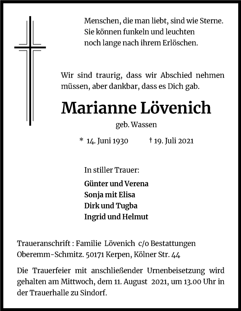  Traueranzeige für Marianne Lövenich vom 10.08.2021 aus Kölner Stadt-Anzeiger / Kölnische Rundschau / Express