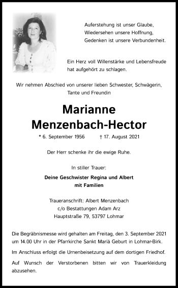 Anzeige von Marianne Menzenbach-Hector von Kölner Stadt-Anzeiger / Kölnische Rundschau / Express