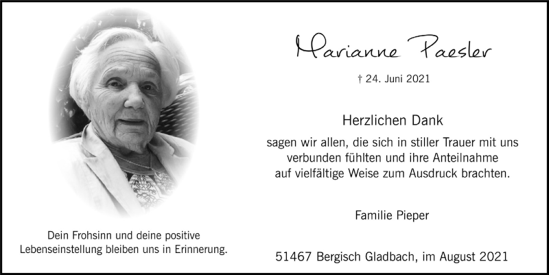  Traueranzeige für Marianne Paesler vom 13.08.2021 aus  Bergisches Handelsblatt 