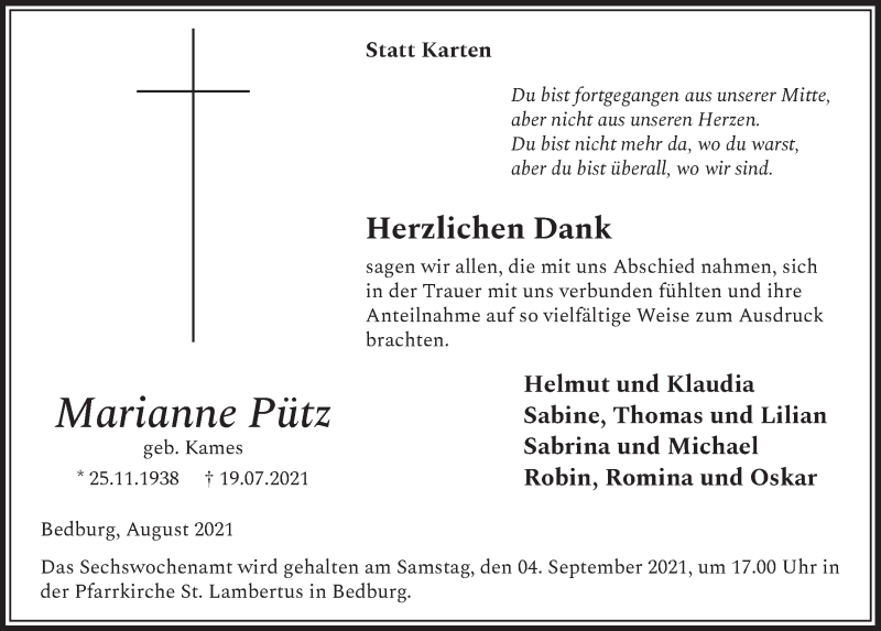  Traueranzeige für Marianne Pütz vom 27.08.2021 aus  Werbepost 