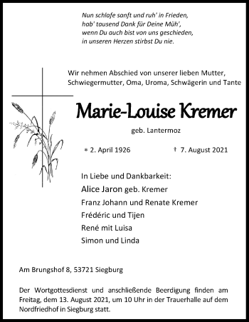 Anzeige von Marie-Louise Kremer von Kölner Stadt-Anzeiger / Kölnische Rundschau / Express