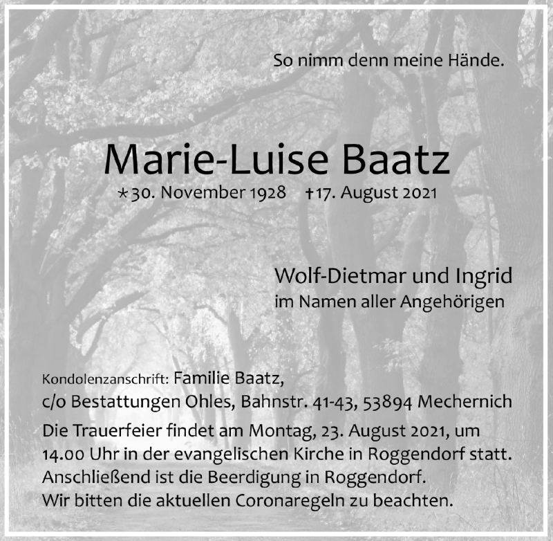  Traueranzeige für Marie-Luise Baatz vom 21.08.2021 aus  Blickpunkt Euskirchen 