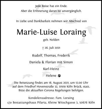 Anzeige von Marie-Luise Loraing von Kölner Stadt-Anzeiger / Kölnische Rundschau / Express
