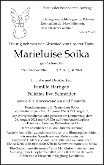 Anzeige von Marieluise Soika von  Extra Blatt 