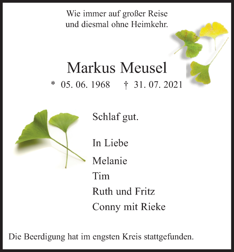  Traueranzeige für Markus Meusel vom 21.08.2021 aus Kölner Stadt-Anzeiger / Kölnische Rundschau / Express