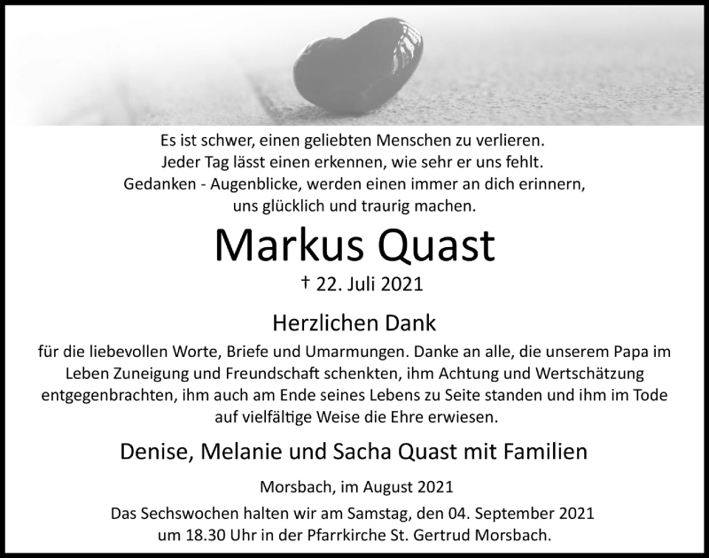  Traueranzeige für Markus Quast vom 27.08.2021 aus  Lokalanzeiger 