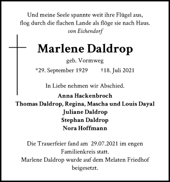 Anzeige von Marlene Daldrop von Kölner Stadt-Anzeiger / Kölnische Rundschau / Express