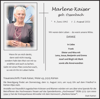 Anzeige von Marlene Kaiser von Kölner Stadt-Anzeiger / Kölnische Rundschau / Express