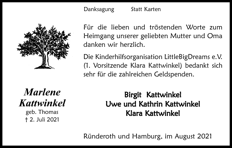  Traueranzeige für Marlene Kattwinkel vom 14.08.2021 aus Kölner Stadt-Anzeiger / Kölnische Rundschau / Express