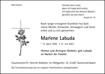Anzeige von Marlene Labuda von Kölner Stadt-Anzeiger / Kölnische Rundschau / Express