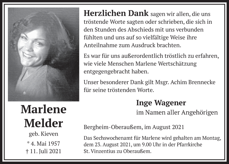  Traueranzeige für Marlene Melder vom 13.08.2021 aus  Werbepost 