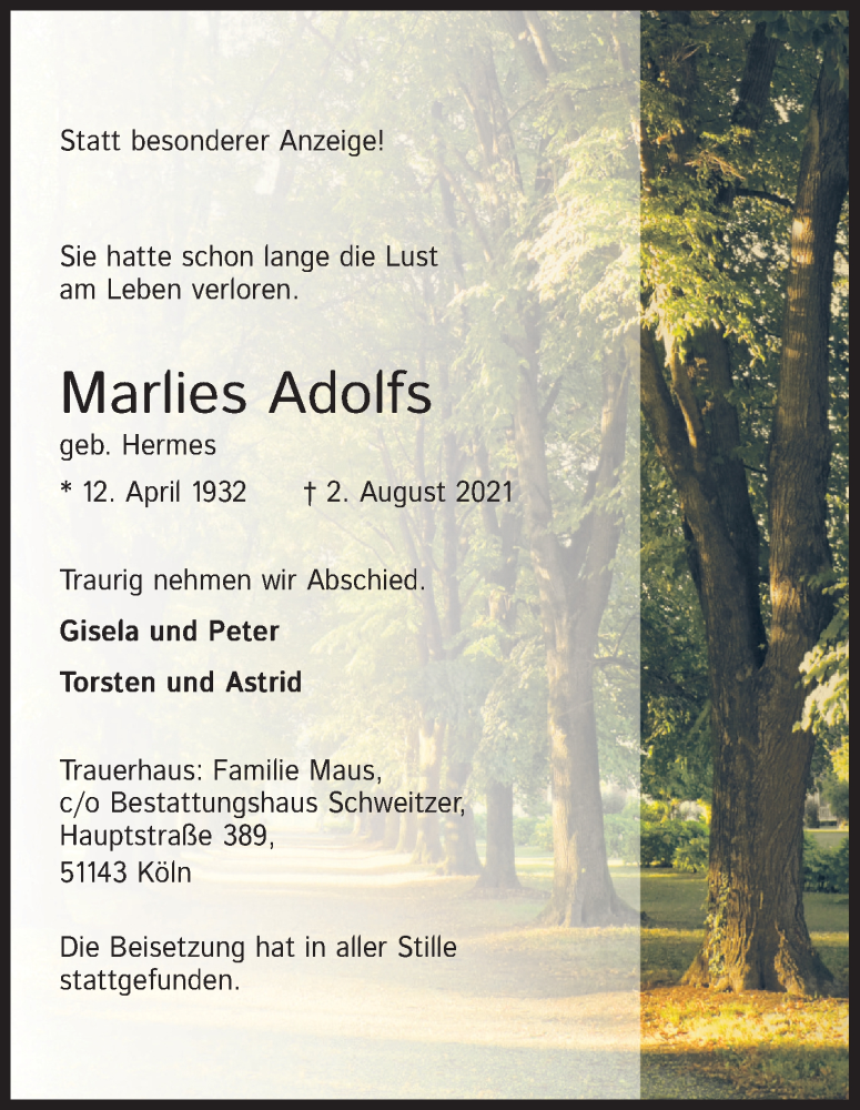  Traueranzeige für Marlies Adolfs vom 14.08.2021 aus Kölner Stadt-Anzeiger / Kölnische Rundschau / Express