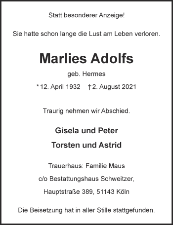 Anzeige von Marlies Adolfs von  Kölner Wochenspiegel 