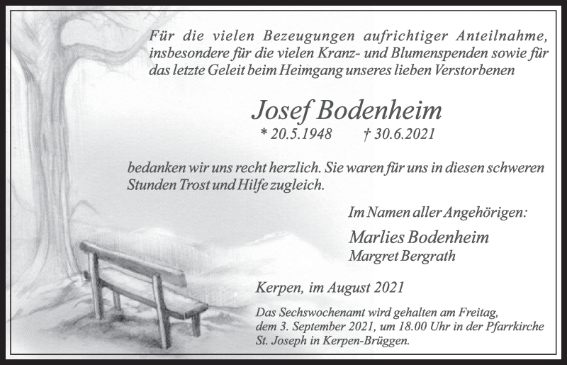  Traueranzeige für Marlies Bodenheim vom 06.08.2021 aus  Werbepost 