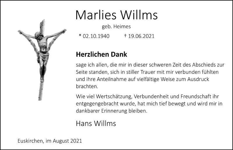  Traueranzeige für Marlies Willms vom 14.08.2021 aus  Blickpunkt Euskirchen 