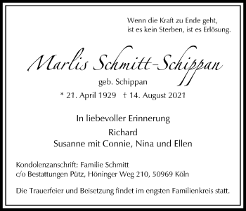Anzeige von Marlis Schmitt-Schippan von Kölner Stadt-Anzeiger / Kölnische Rundschau / Express