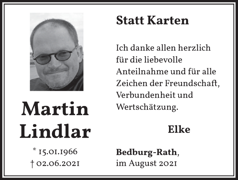  Traueranzeige für Martin Lindlar vom 06.08.2021 aus  Werbepost 