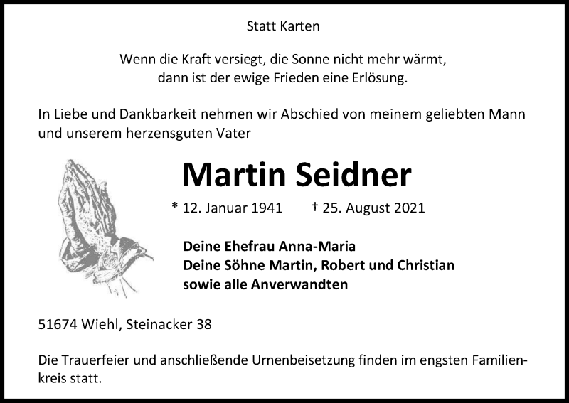  Traueranzeige für Martin Seidner vom 28.08.2021 aus Kölner Stadt-Anzeiger / Kölnische Rundschau / Express