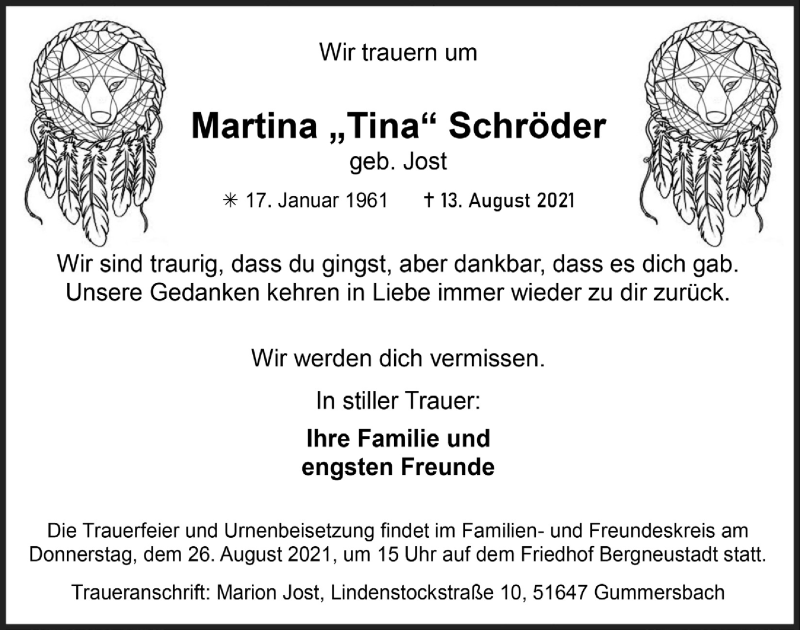  Traueranzeige für Martina  Schröder vom 20.08.2021 aus  Anzeigen Echo 