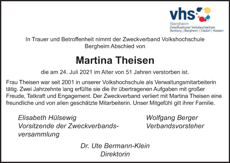  Traueranzeige für Martina Theisen vom 07.08.2021 aus Kölner Stadt-Anzeiger / Kölnische Rundschau / Express