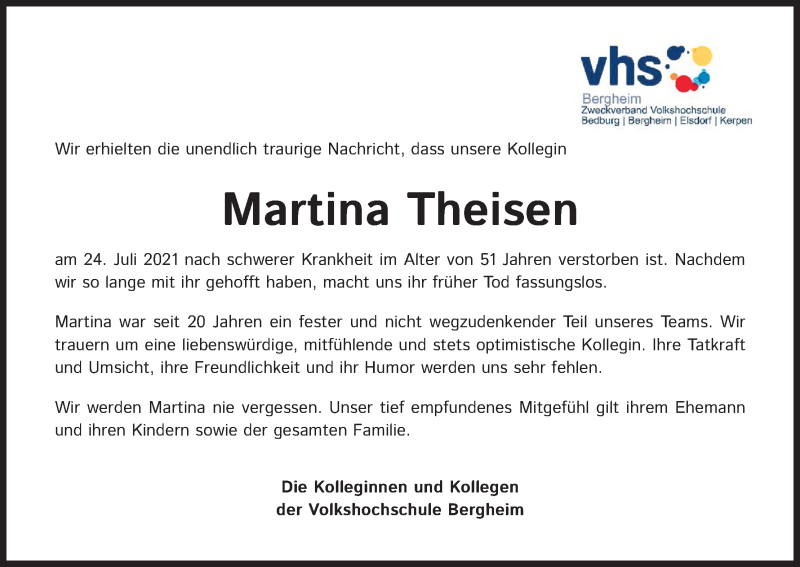  Traueranzeige für Martina Theisen vom 07.08.2021 aus Kölner Stadt-Anzeiger / Kölnische Rundschau / Express