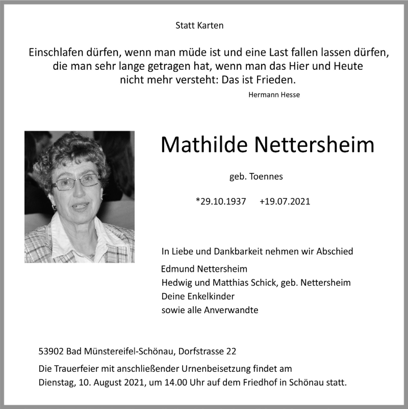  Traueranzeige für Mathilde Nettersheim vom 07.08.2021 aus  Blickpunkt Euskirchen 