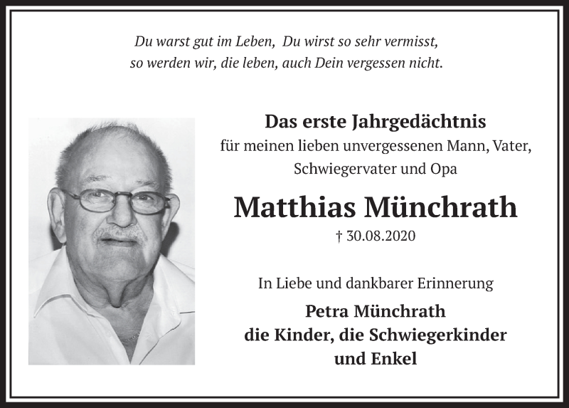  Traueranzeige für Matthias Münchrath vom 27.08.2021 aus  Wochenende 