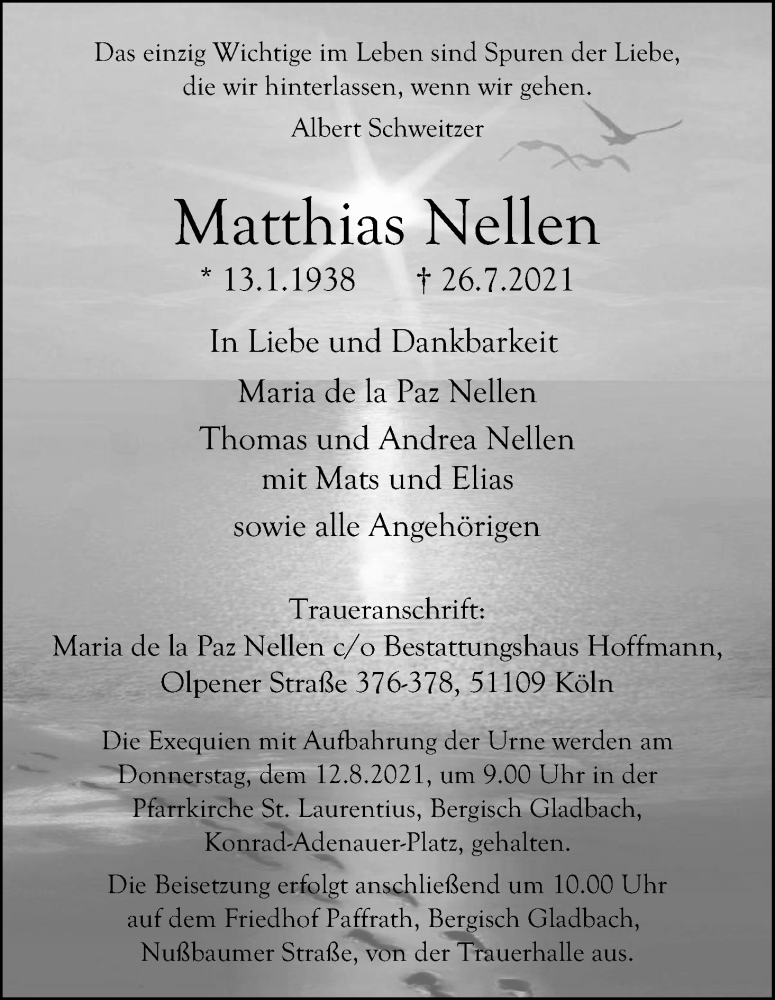  Traueranzeige für Matthias Nellen vom 07.08.2021 aus Kölner Stadt-Anzeiger / Kölnische Rundschau / Express