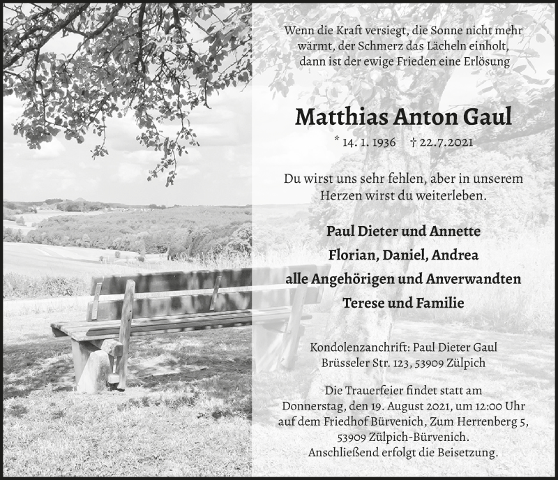  Traueranzeige für Matthias Anton Gaul vom 07.08.2021 aus  Blickpunkt Euskirchen 