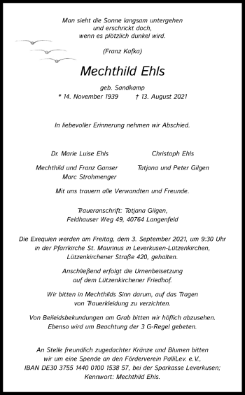 Anzeige von Mechthild Ehls von Kölner Stadt-Anzeiger / Kölnische Rundschau / Express