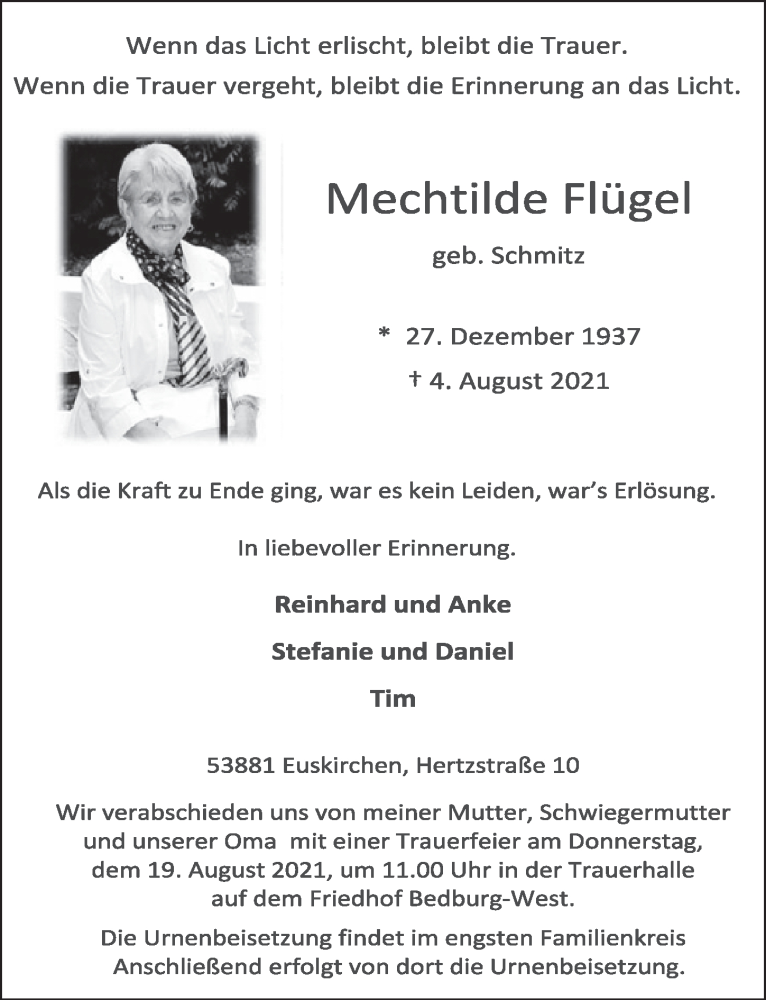  Traueranzeige für Mechtilde Flügel vom 13.08.2021 aus  Werbepost 