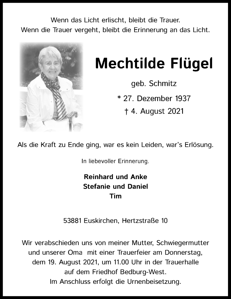  Traueranzeige für Mechtilde Flügel vom 17.08.2021 aus Kölner Stadt-Anzeiger / Kölnische Rundschau / Express