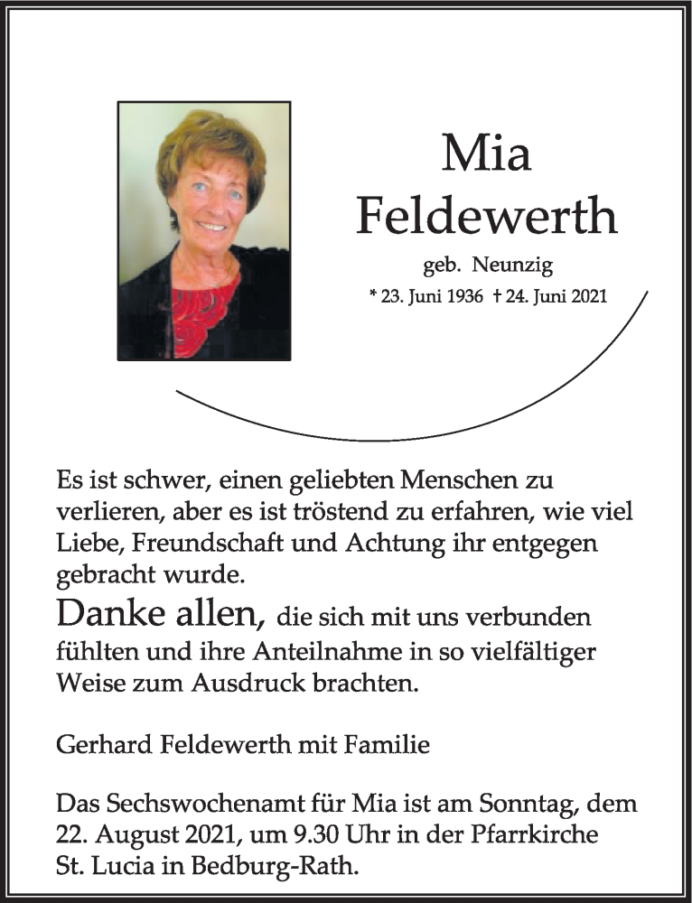  Traueranzeige für Mia Feldewerth vom 20.08.2021 aus  Werbepost 