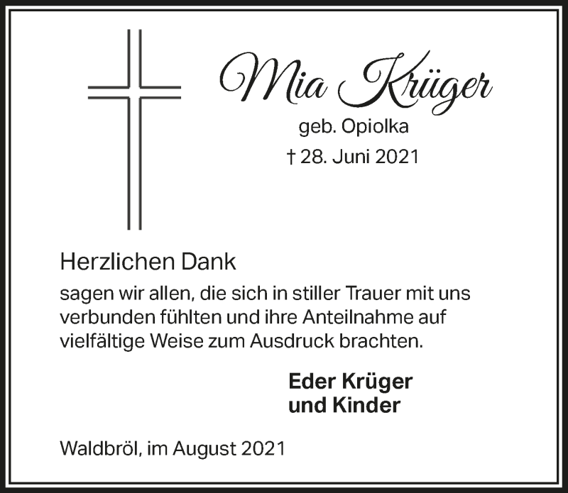  Traueranzeige für Mia Krüger vom 13.08.2021 aus  Lokalanzeiger 