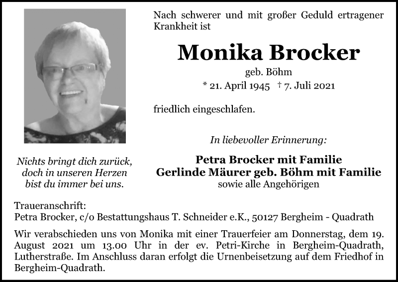  Traueranzeige für Monika Brocker vom 07.08.2021 aus Kölner Stadt-Anzeiger / Kölnische Rundschau / Express