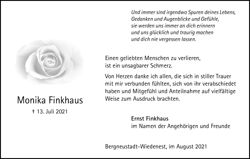  Traueranzeige für Monika Finkhaus vom 21.08.2021 aus Kölner Stadt-Anzeiger / Kölnische Rundschau / Express