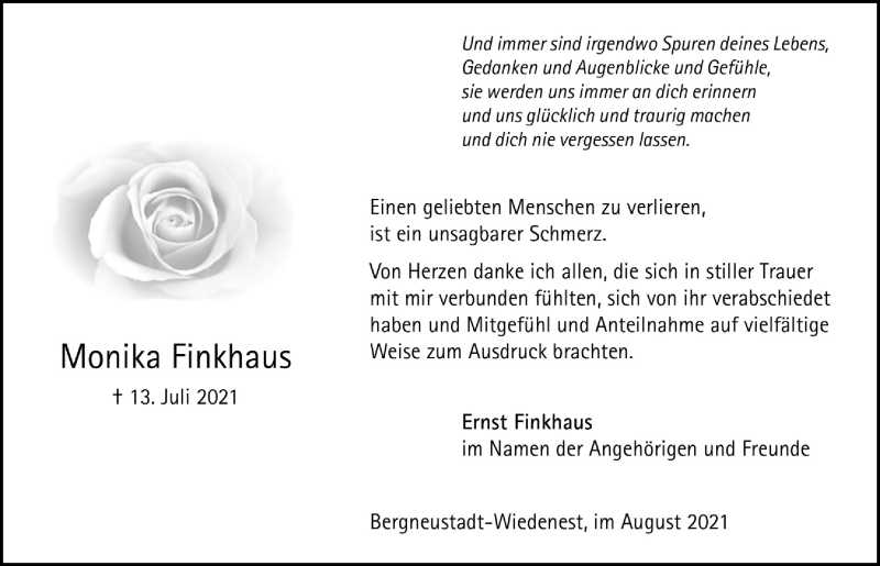  Traueranzeige für Monika Finkhaus vom 27.08.2021 aus  Anzeigen Echo 