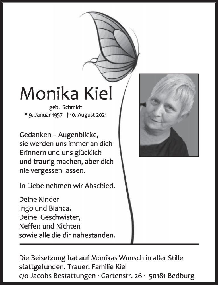  Traueranzeige für Monika Kiel vom 27.08.2021 aus  Werbepost 