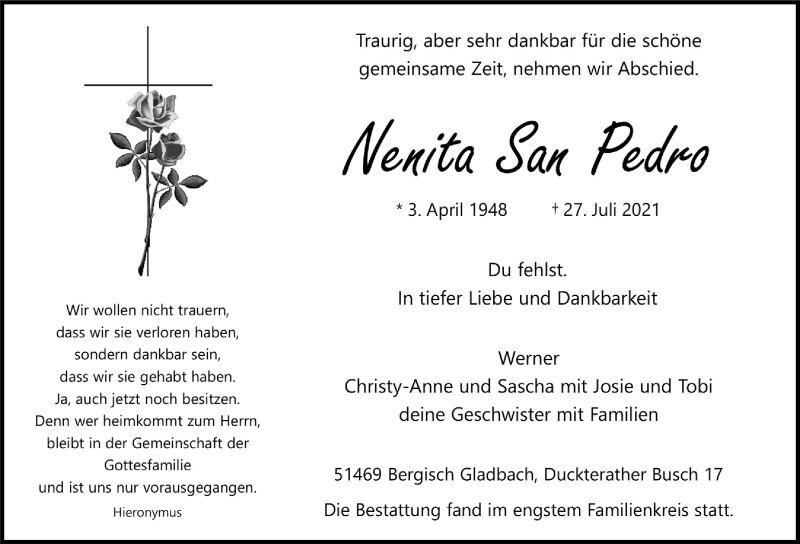  Traueranzeige für Nenita San Pedro vom 06.08.2021 aus  Bergisches Handelsblatt 